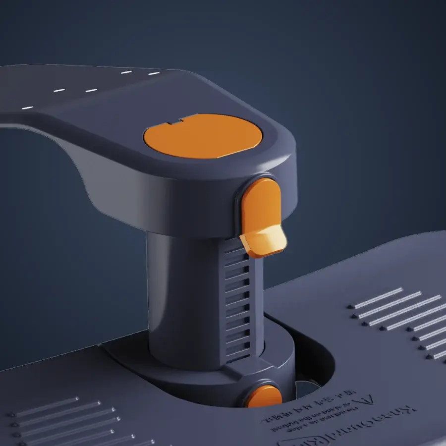 Detail horního dílu podnožky s oranžovým krytem a západkou